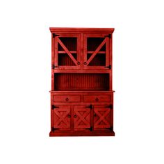 a red cabinet with two doors and drawers