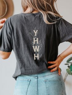 Want it in a hoodie?  Find it here: https://www.etsy.com/listing/1598683226/yhwh-sweatshirt-yahweh-sweatshirt-hebrew +DETAILS+ -Comfort Colors Tee -Design printed via DTG (direct to garment) where special ink is directly jetted onto the fabric, creating a longer lasting design. -100% ring-spun cotton -Medium fabric  -Relaxed fit -To achieve the oversized look in the photos, we recommend sizing two sizes up, otherwise, use size chart to find your best fit. +SIZING+ Please see size chart in photos for reference.  Comfort Colors Tees are unisex sizing so please double check for correct measurements. +SHIPPING+ Our clothing ships immediately after production is complete via standard USPS shipping.  Please see shipping estimates below.  (Remember, this is an estimate, not a guarantee!).  +RETUR Christian Clothes Walmart, Basic Christan Shirts, Christian Faith Shirt, Cute Tee Shirts Inspire Uplift ⭐, True Story Shirts, Trendy God Shirts, Trendy T Shirt Outfit, Simple Bible Shirts, Christian Birthday Tshirt