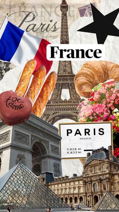 the collage has pictures of paris, eiffel tower, croissants and other things in it