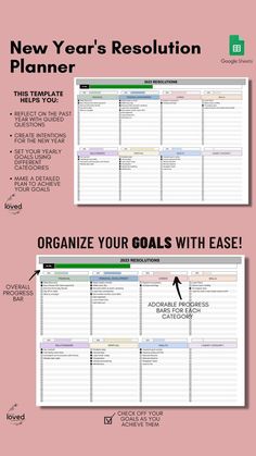 the new year's resolution planner is shown in two separate sections, one for each month