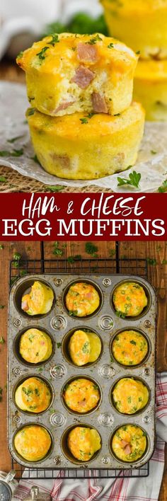 egg muffins with ham and cheese on top are shown in this collage