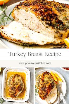 turkey breast recipe on a plate with lemons and herbs