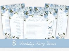 birthday party games with blue roses and white flowers on the front, set of 8