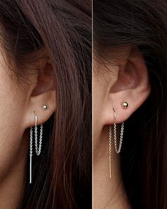 two pictures of the same ear with chains attached to it, one is gold and the other is silver