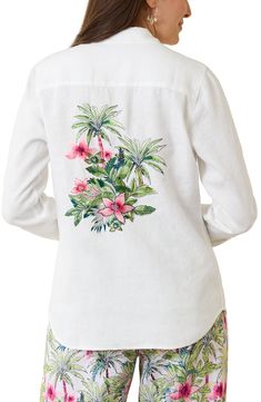 Crisp linen lets you keep your cool on a hot day in this long-sleeve button-up shirt embroidered with colorful tropical flora at the chest and back. Front button closure Spread collar Long sleeves with one-button cuffs 100% linen Machine wash, tumble dry Imported Embroidered Linen, Hot Day, Platform Slippers, Maternity Shops, Fragrance Design, Designer Clothes For Men, Denim Jumpsuit, Keep Your Cool, Women's Summer Fashion