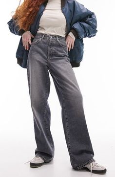 A baggy fit and a solid dark wash add to the effortlessly cool style of extralong nonstretch jeans meant to be worn stacked at the hem. 29 1/2" inseam; 20 1/2" leg opening; 13" front rise; 16 1/2" back rise (size 32) Zip fly with button closure Five-pocket style 100% cotton Machine wash, line dry Made in Turkey Urban High Rise Washed Flare Jeans, Urban Style High Rise Washed Flare Jeans, Urban Wide Leg Jeans With Zip Fly, Urban High Rise Washed Jeans, Urban Faded Flare Jeans With Five Pockets, Urban Washed Black Flare Jeans, Faded Straight Leg Jeans With Zip Fly, Urban Style Washed Black Flare Jeans, High Rise Washed Flare Jeans For Streetwear