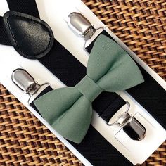 "This sage green bow tie & black suspenders set is a great choice for dusty sage bow tie, bow ties for men, sage tie for boho wedding, sage wedding bowtie, or any other special occasion. ❤ *Beautifully Compliments Davids Bridal \"dusty sage\" **Please Specify** Bow Tie Only (w/ Clip or Neck Strap), Suspenders Only, or Bow Tie Only & Susp (Bow Tie and Suspenders) SUSPENDERS- One Pair of our Quality Suspenders BOW TIE - One Bow Tie on White Adjustable STRAP or Alligator CLIP **CLIP ON Bow Ties are Green Bow Tie With Tie Back For Formal Occasions, Green Formal Ties, Classic Adjustable Green Bow Tie, Fitted Green Bow With Ties, Adjustable Green Bow Tie For Formal Occasions, Elegant Green Bow Tie For Father's Day, Green Tie For Wedding On Father's Day, Adjustable Green Tie For Party, Green Adjustable Tie For Party