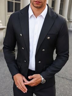 Men's Fashion Double-Breasted Long Sleeve Suit Jacket Black   Long Sleeve Polyester Plain Regular Non-Stretch  Men Clothing, size features are:Bust: ,Length: ,Sleeve Length: Man Blazer, Single Button Blazer, Suit Separates, Blazer Buttons, Black Long Sleeve, Colorful Leggings, Mens Suits, Double Breasted, Women Clothes Sale