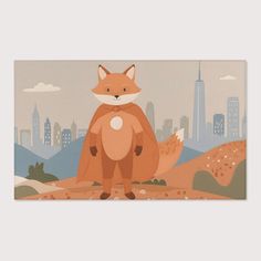 a painting of a fox standing in front of a city