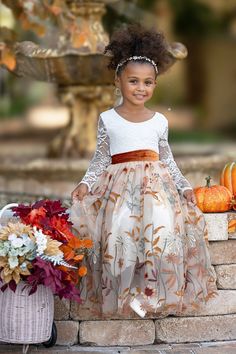 Welcoming fall with our stunning Soft White Lace and Champagne and Burnt Orange Floral Embroidered Tulle Long Sleeve, Flower Girl Dress. Designed to make every moment picture-perfect. This boho style princess dress Features a soft, white lace bodice with delicate eyelash lace detailing on the "V" shaped backside, this dress captures the essence of elegance. The burnt orange skirting is adorned with floral embroidery, adding a pop of vibrant color and breathtaking beauty, perfect for fall weddings or special family photo shoots. Ideal for tiny toddlers stepping out as flower girls to junior bridesmaids ready to dazzle. Add a touch of personal flair with your choice of sash color and explore our exclusive accessories like custom jewels and handmade flower sashes to elevate her look. Make eve Fall Wedding Flower Girl Dresses, Flower Girl Fall Wedding, Burnt Orange Flower Girl Dresses, Fall Wedding Flower Girl, Fall Flower Girl, Fall Flower Girl Dresses, Girls Fall Dresses, Cozy Wedding, Wedding Guest Outfit Fall