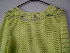 "Crocheted loose knit long sleeve sweater for women. Great for formal or casual event. 100% cotton, lime yellow color. It has eight small hooks for closure. It's beautiful and condition is great. Dimension shoulder 17\" bust 20\" length 26\" sleeve 28\"" Yellow Crochet Top For Spring, Spring Crochet Top With Crew Neck, Green Cotton Crochet Top For Spring, Spring Crochet Crew Neck Top, Green Long Sleeve Summer Sweater, Spring Crochet Sweater, Green Crochet Top For Winter, Green Long Sleeve Crochet Top For Summer, Spring Stretch Green Cardigan