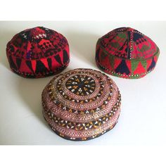 This collection of 3 rare vintage Uzbek Afghani Turkmen hand embroidered tribal one of a kind hats are an incredibly special and unique set to add to your collection. Handmade of beautiful multicolor hand embroidery. The 3 vintage Turkmen tribal style hats are made in the Uzbekistan northern Afghanistan regions. The gorgeous multicolor pattern designs are outstanding examples of exquisite traditional fine folk art ethnic handwork.  This collection of 3 rare vintage one of a kind hats are beautif Traditional Red Hat, Traditional Handmade Festival Hats, Traditional Multicolor Hats For Festivals, Traditional Multicolor Festival Hats, Red Bohemian Embroidered Hat, Artisan Handmade Hats For Ceremonial Occasions, Traditional Festival Hats, Traditional Multicolor Hats, Traditional Hat With Round Crown For Festivals