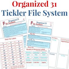 The Organized 31 Tickler File System is a productivity tool to help you manage time-sensitive paperwork and task organization all in one organized spot. Organized paperwork and tasks are easily contained and managed with the Organized 31 Tickler File System. These 8 pages of instructions, suggested supplies, labels and Task Organization, Home Filing System, Labels Printables, Estate Planning Checklist, Organizing Paperwork, Life Binder, Daily Organization, Printable Notes