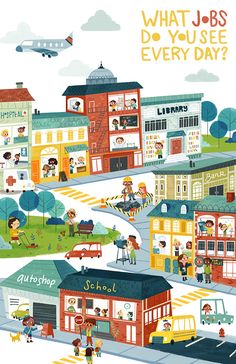 an illustrated poster with people walking around the town