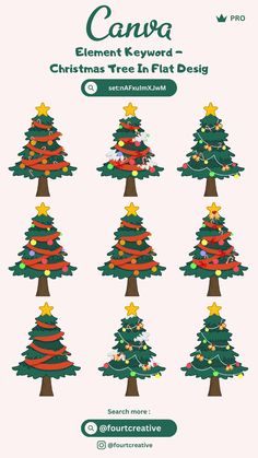 the christmas tree in flat design is shown with different colors and sizes, including red, green