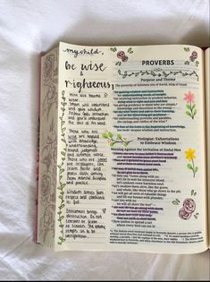 an open bible with the words prove and righteous written in floral designs on it's pages