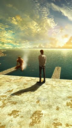 a man standing on top of a pier next to the ocean under a cloudy sky