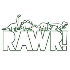 the word raw written in green with dinosaurs and trilops behind it on a white background