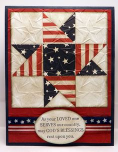 an american flag quilt with the words as your loved one serves our country, may god's blessing rest upon you