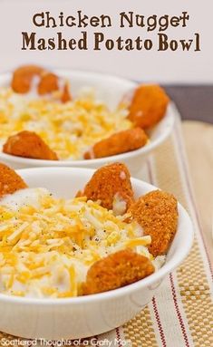 two white bowls filled with chicken nuggets mashed potato bowl