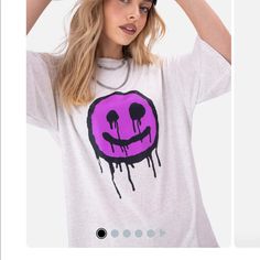 New!! Trendy Purple Top With Graphic Print, Oversized Purple Tops For Streetwear, Oversized Purple Screen Print Top, Fun Purple Crew Neck Top, Fun Purple Crew Neck T-shirt, Oversized Purple Summer T-shirt, Purple Oversized Short Sleeve Top, Casual Lavender Top With Graphic Print, Cropped Graphic Tees