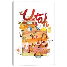 a poster with the word utah written in red and yellow on it's side