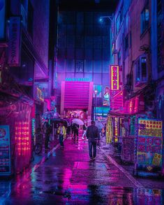 people walking down the street at night with umbrellas in hand and neon signs on the buildings