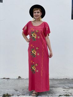 "Burnt red vintage mexico dress 90s, floral embroidery kaftan, cross stitch flowers maxi dress, bohemian dress style, fiesta san antonio, mex Lovely 90's Mexican dress for women. Floral hand embroidered in a cross stitch style. Dress features a comfortably relaxed maxi length A-line silhouette with no closures, pulls on overhead. Perfect for spring, summer dress, mexican parties, mexican wedding guest outfit, beach dress, cinco de mayo party, san antonio fiesta festivities, charro days etc. Made Bohemian Dress Style, Charro Days, Mexican Baby Girl, Mexican Parties, Embroidery Kaftan, Mexico Dress, Ruffled Sleeve Dress, Mexican Wedding Dress, Bohemian Style Dresses