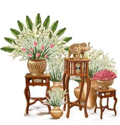 three vases filled with flowers and plants next to each other on small tables in front of a white background