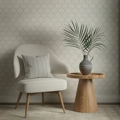 a white chair next to a table with a vase on it and a palm tree in the corner