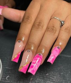 Rose Pink Nails, Overlay Nails, Neon Acrylic Nails, Gold Acrylic Nails, Latest Nail Designs, Acrylic Toe Nails, Nails Design With Rhinestones, Simple Acrylic Nails, Dope Nail Designs