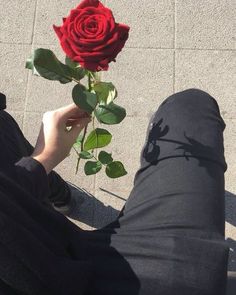 a person is holding a red rose in their hand while sitting on the ground outside