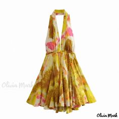 Olivia Mark - Cotton Floral Print Halterneck Short Dress Mini Robes, Halter Mini Dress, Vacation Dresses, Printed Mini Dress, Beach Dress, Primavera Estate, Elegant Dress, Yellow Dress, Women's Fashion Dresses