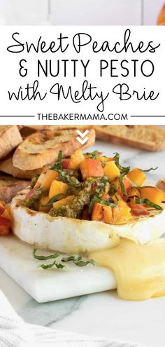 sweet peaches and nutty pesto with medley brie on a white plate