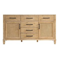 the sideboard is made out of wood and has wicker doors, drawers, and handles