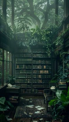 a room filled with lots of green plants and bookshelves in the middle of it