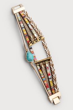 Our Cordelia Leather Apple Watch Band is a stunning accessory that combines classic sophistication with modern flair. Colorful strands adorn the band, creating a visually pleasing effect, while the intricately braided leather strand adds a textured element that enhances the visual and tactile appeal. The watch band completes with a natural stone on the side, highlighting the unique charm of the watch band. Whether you are heading to the office, a social event, or a casual outing, this band effor Bohemian Jewelry With Leather Strap, Bohemian Brown Bracelet Strap Apple Watch Band, Bohemian Brown Apple Watch Band With Bracelet Strap, Adjustable Bohemian Jewelry With Leather Strap, Adjustable Bohemian Bracelet With Leather Strap, Bohemian Multicolor Adjustable Apple Watch Band, Bohemian Multicolor Bracelet Strap Watch Bands, Adjustable Beaded Bohemian Watch Bands, Bohemian Adjustable Beaded Watch Bands