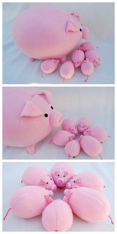 three photos of pink stuffed animals in different positions and sizes, with one laying on the ground