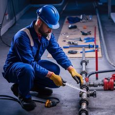 a man in blue overalls working on pipes