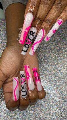 Acrylic Nails With Names On Them, Nail Designs With Names On Them, Nails Acrylic Bday Set, Lover Nails Design, Loser Nails Design, Loser Nails, Names On Nails, Baddie Birthday Nails Coffin, Valentines Nails For Black Women