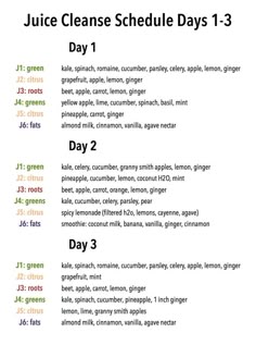 a list of juice cleanse schedule days 1 - 3 on a white background with green lettering