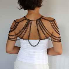 Black Shoulder Jewelry, Body Harness Metal Chain Lace Collar Capelet Top Necklace, Evening Special O Jóias Body Chains, Wedding Body, Black Harness, Shoulder Jewelry, Shoulder Necklace, Evening Accessories, Arm Jewelry, Body Chains, Minimal Look