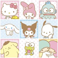 hello kitty and other cartoon characters are depicted in this image, including an elephant, cat, dog, frog, pig