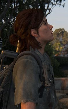 the last of us's characters are looking at something in the distance, with trees and buildings in the background