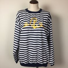 Vintage 90s Eb Sport Navy/White Striped Crewneck Sweatshirt With Gold Nautical Rope And Anchor Embroidered Design. Never Worn! Measured Flat. Bust: 23” Length: 27” Preppy Graphic Print Crew Neck Top, Preppy Crew Neck Top With Graphic Print, Marine Style Cotton Crew Neck Top, White Marine Style Cotton Tops, Preppy Navy Tops For Spring, Preppy Navy Spring Top, Preppy Navy Top For Spring, Preppy Crew Neck Top For College, Navy Long Sleeve Marine Top