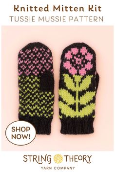 two knitted mittens with flowers on them and the words knitting theory written below