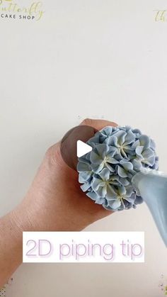 a hand holding a blue flower with the words 2d piping tip on it