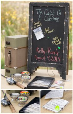 a blackboard with writing on it sitting next to other items