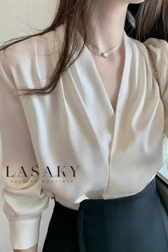 Lasaky - Stylish Womens Simulated Silk V-Neck Casual Shirt with Long Sleeves Formal Tops, Sleeves Clothing, Satin Shirt, Elegant Shirt, Casual Blouse, Office Fashion, Silk Shirt, Collar Dress, Long Sleeve Casual