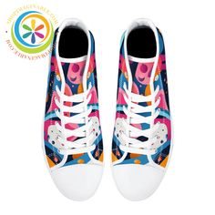 Step into a world of vibrant expression with our canvas high top ladies' shoes. Bursting with bold, abstract pop art colors, these funky, fun shoes are designed to bring everyday happiness. Perfect for making a statement, their bright, eye-catching patterns add a playful touch to any outfit. Unleash your inner artist with every step! We create Funky & Fun! Wear-resistant rubber soles for white high-top canvas shoes High-quality canvas upper and cotton lining for a comfortable and breathable fit, low maintenance & easy care Rubber outsole & removable EVA insole for exceptional slip-resistance, a better grip & sustained support. Waterproof reinforced PU toe cap, perfect for every season Completed with 7 eyelets and lace-up closure for a classic look and snug fit Best Care Practices: Machine Abstract Pop Art, Pop Art Colors, High Tops Women, Fun Shoes, White High Tops, Bright Eye, Shoes High, Ladies Shoes, Good Grips